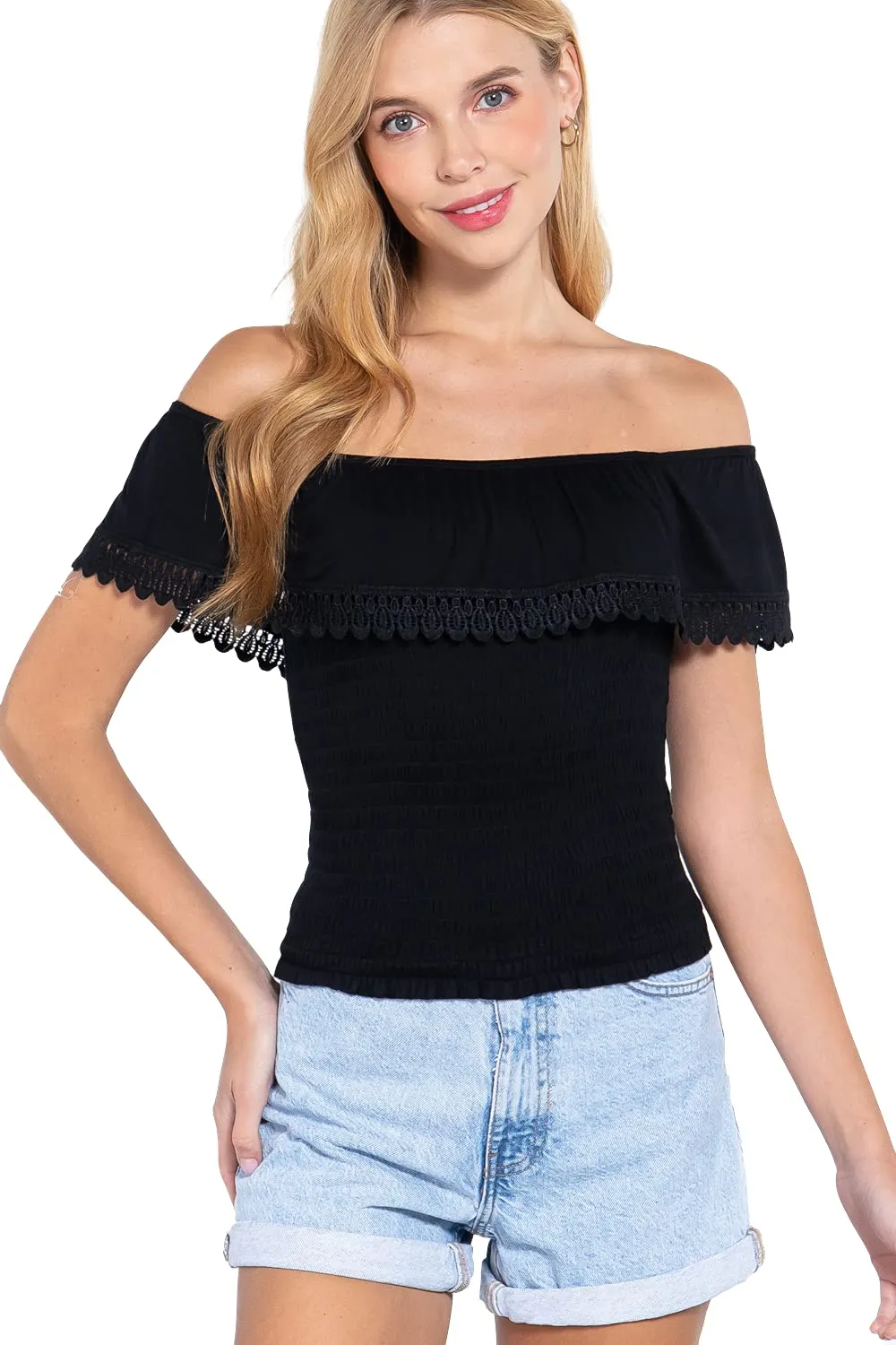 Women's Off Shoulder Lace Trim Smocked Details Top