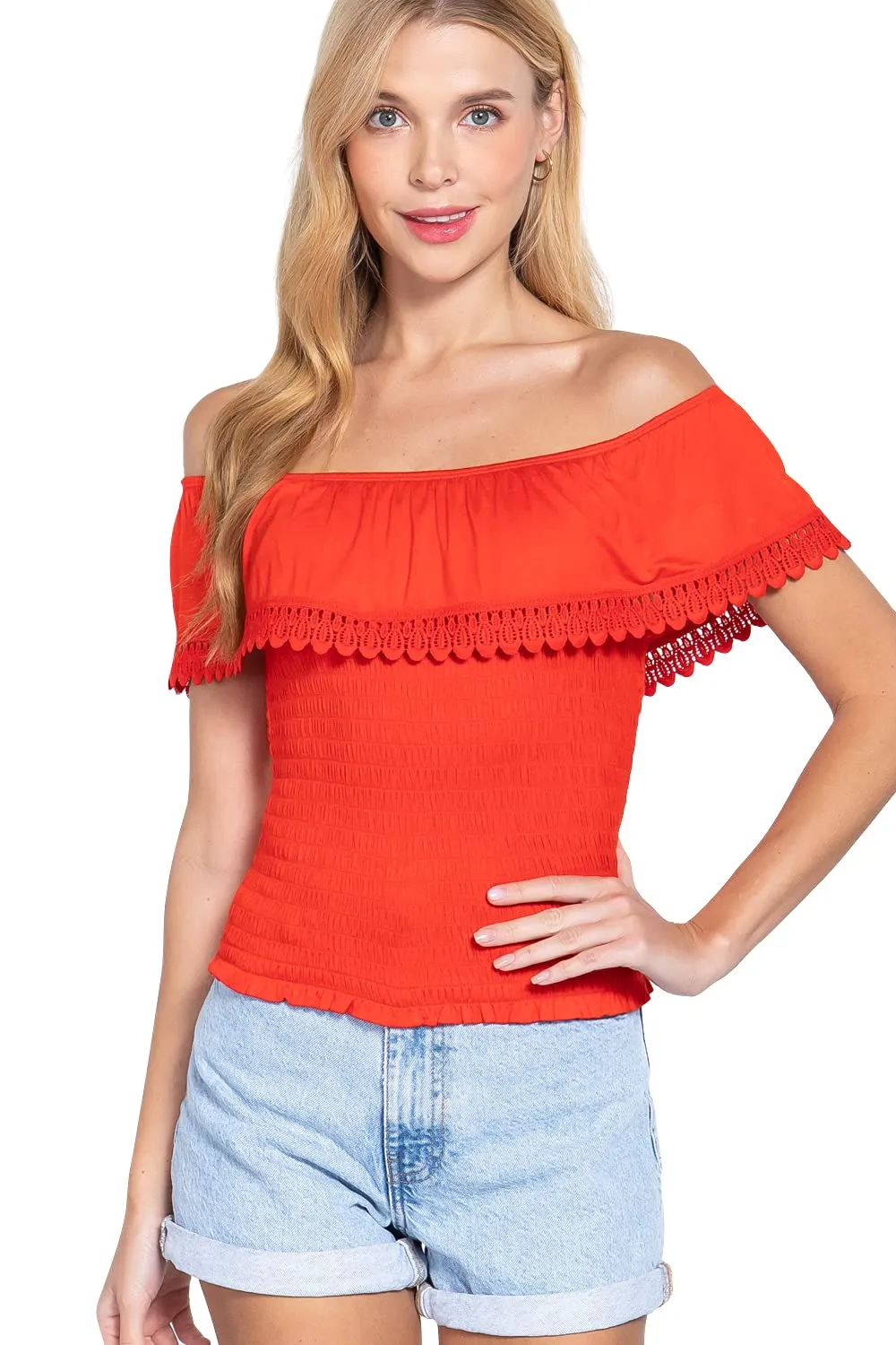 Women's Off Shoulder Lace Trim Smocked Details Top