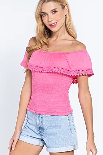 Women's Off Shoulder Lace Trim Smocked Details Top