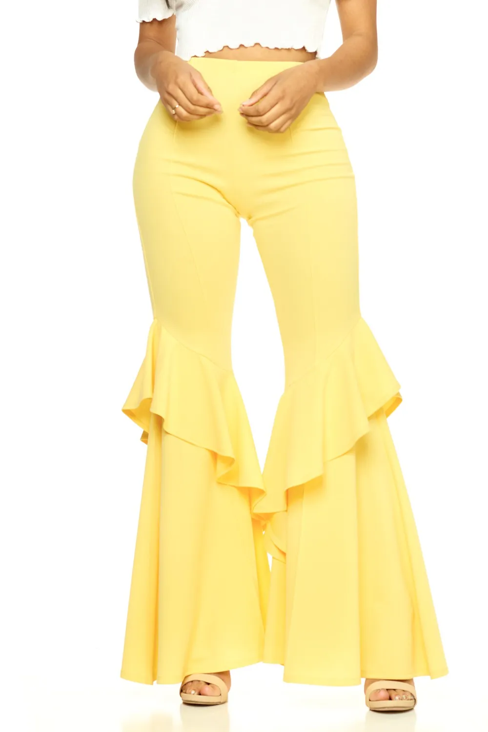 Yellow Flares Into Bell Bottoms Ruffles Pants