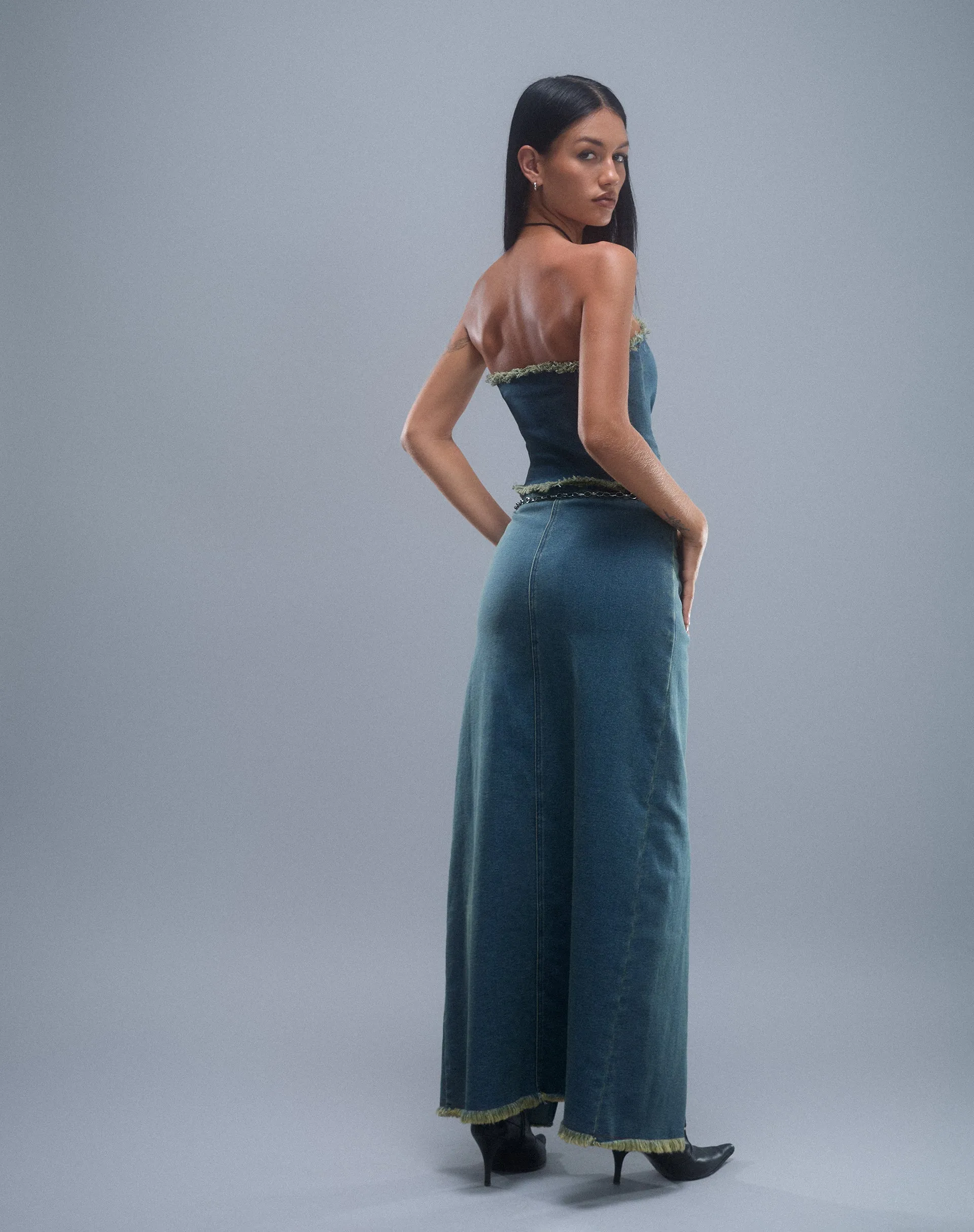 Zaenap Frayed Denim Maxi Skirt in Brown Blue Acid